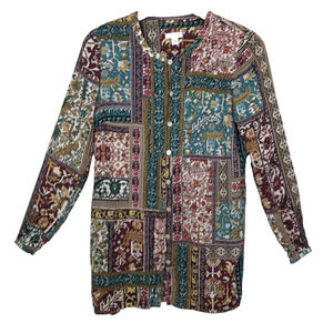 J JILL Long Sleeve Tunic Blouse Patchwork Cottagecore Boho Button Down Size XS